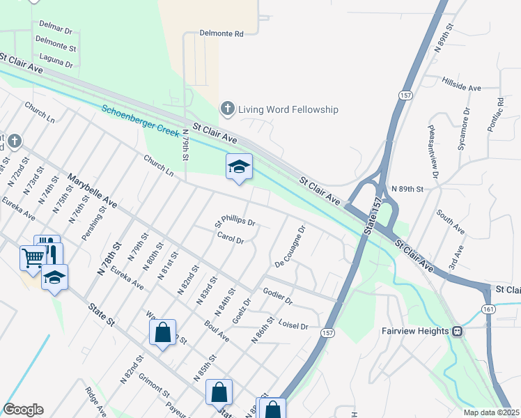 map of restaurants, bars, coffee shops, grocery stores, and more near 8314 Church Lane in East St. Louis