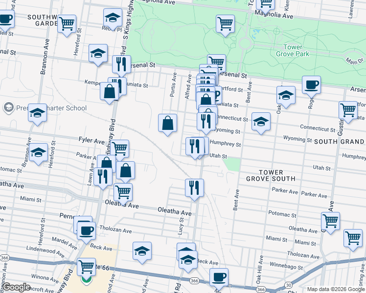 map of restaurants, bars, coffee shops, grocery stores, and more near 4352 Humphrey Street in St. Louis
