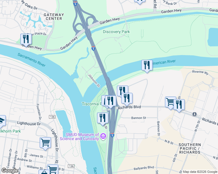 map of restaurants, bars, coffee shops, grocery stores, and more near West Side Hwy in Sacramento