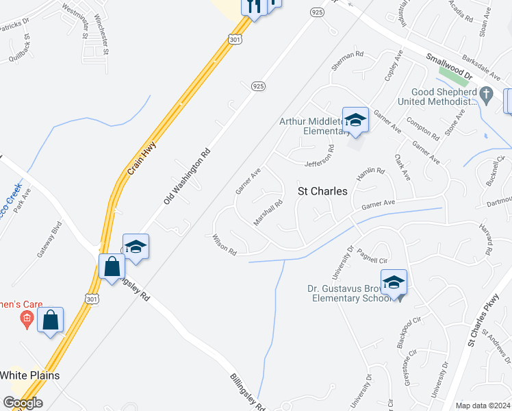 map of restaurants, bars, coffee shops, grocery stores, and more near 1211 Marshall Lane in Waldorf