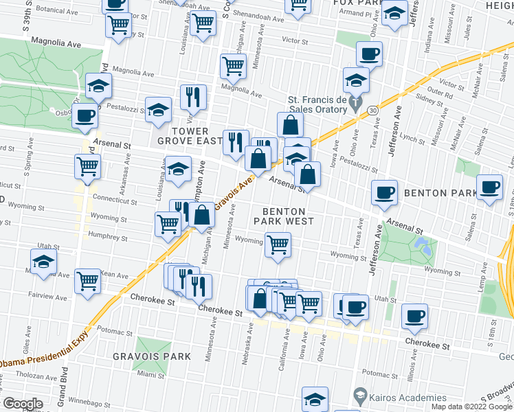 map of restaurants, bars, coffee shops, grocery stores, and more near 3149 Pennsylvania Avenue in St. Louis