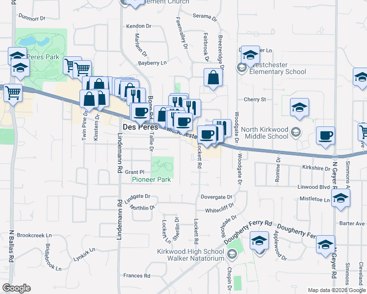 map of restaurants, bars, coffee shops, grocery stores, and more near 1030 Nana Lane in Des Peres