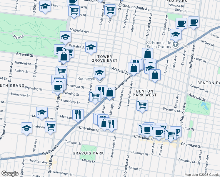 map of restaurants, bars, coffee shops, grocery stores, and more near 3166 South Compton Avenue in St. Louis