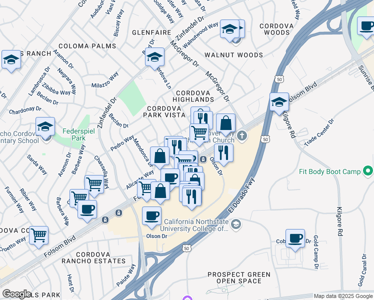 map of restaurants, bars, coffee shops, grocery stores, and more near 10833 Folsom Boulevard in Rancho Cordova