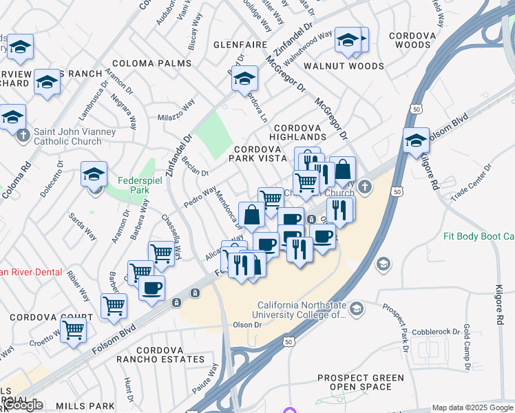 map of restaurants, bars, coffee shops, grocery stores, and more near 2761 Don Juan Drive in Rancho Cordova
