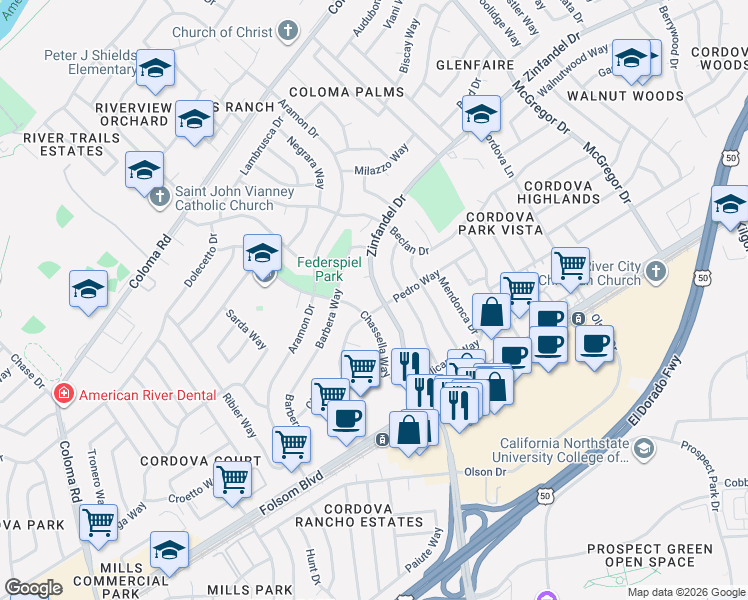 map of restaurants, bars, coffee shops, grocery stores, and more near 2552 Zinfandel Drive in Rancho Cordova