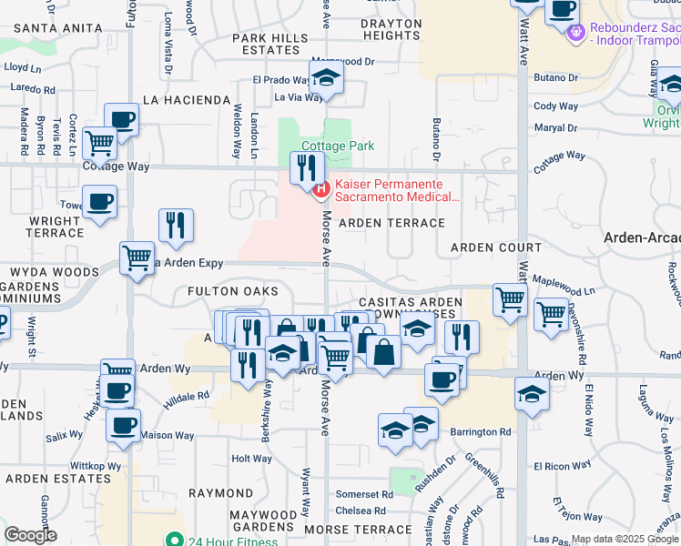 map of restaurants, bars, coffee shops, grocery stores, and more near in Arden-Arcade