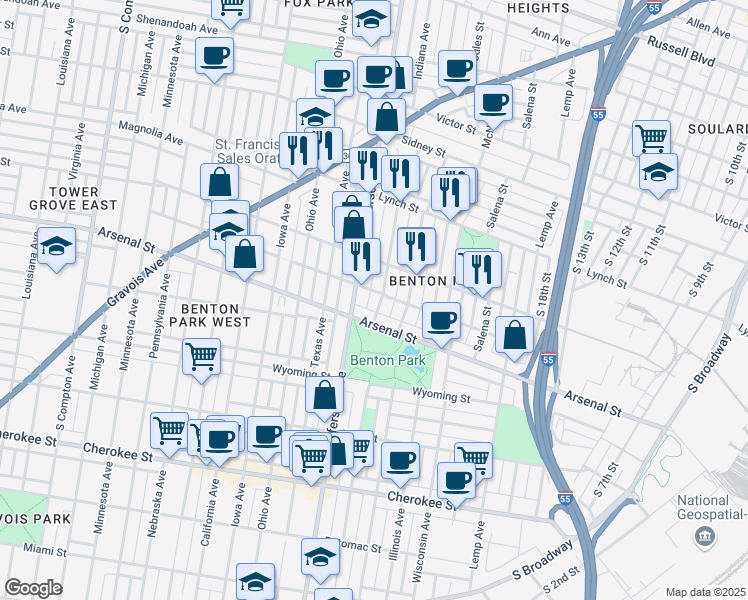 map of restaurants, bars, coffee shops, grocery stores, and more near 3011 Indiana Avenue in St. Louis