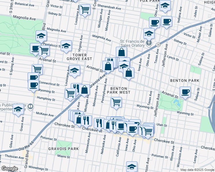map of restaurants, bars, coffee shops, grocery stores, and more near 3149 Pennsylvania Avenue in St. Louis