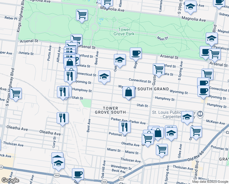 map of restaurants, bars, coffee shops, grocery stores, and more near 4051 Humphrey Street in St. Louis