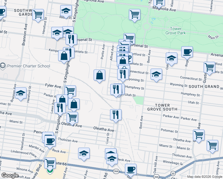 map of restaurants, bars, coffee shops, grocery stores, and more near 4352 Humphrey Street in St. Louis