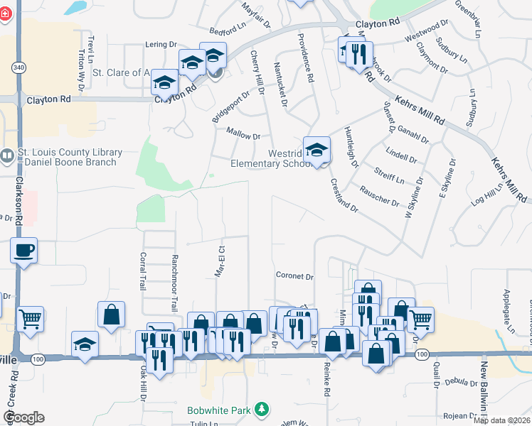 map of restaurants, bars, coffee shops, grocery stores, and more near 217 Flesher Drive in Ellisville