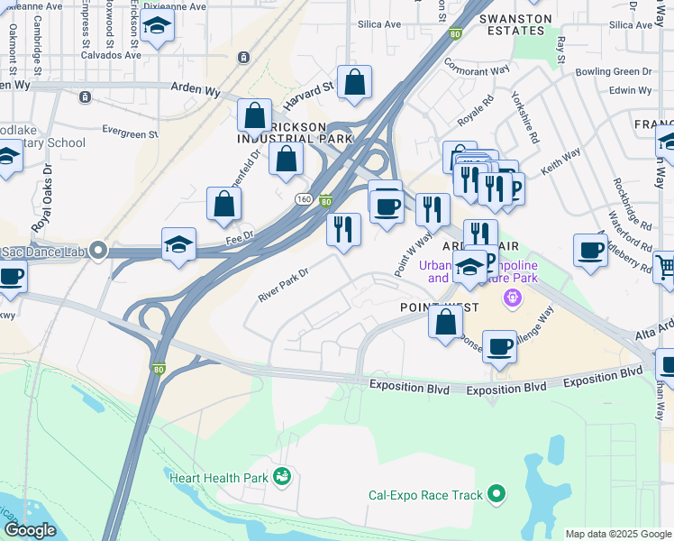 map of restaurants, bars, coffee shops, grocery stores, and more near 1540 River Park Drive in Sacramento