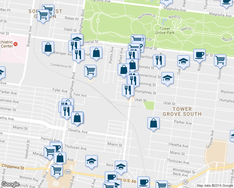 map of restaurants, bars, coffee shops, grocery stores, and more near 4352 Humphrey Street in St. Louis