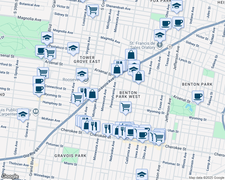 map of restaurants, bars, coffee shops, grocery stores, and more near 3149 Pennsylvania Avenue in St. Louis