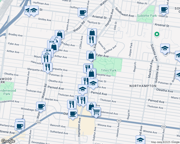 map of restaurants, bars, coffee shops, grocery stores, and more near 6001 Marquette Avenue in St. Louis
