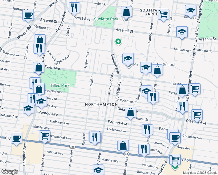 map of restaurants, bars, coffee shops, grocery stores, and more near 3349 Macklind Avenue in St. Louis