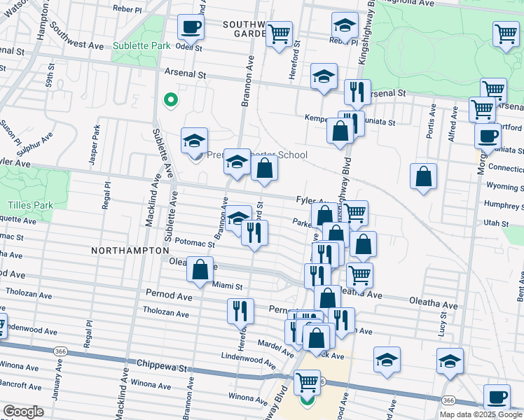 map of restaurants, bars, coffee shops, grocery stores, and more near 3322 Hereford Street in St. Louis