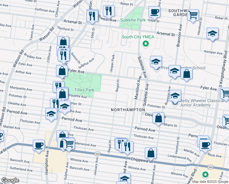 map of restaurants, bars, coffee shops, grocery stores, and more near 5605 Hancock Avenue in St. Louis
