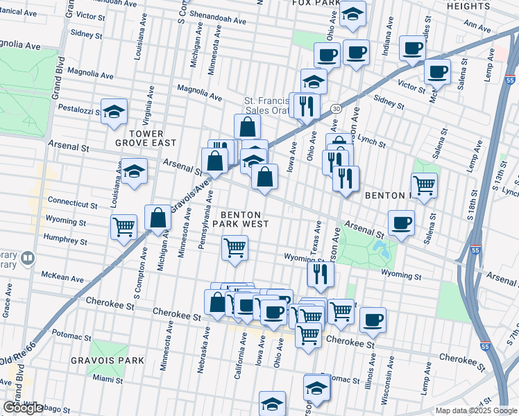 map of restaurants, bars, coffee shops, grocery stores, and more near 2811 Juniata Street in St. Louis