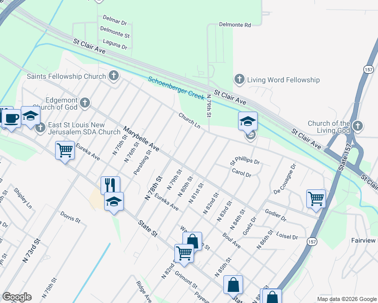 map of restaurants, bars, coffee shops, grocery stores, and more near 825 North 79th Street in East St. Louis