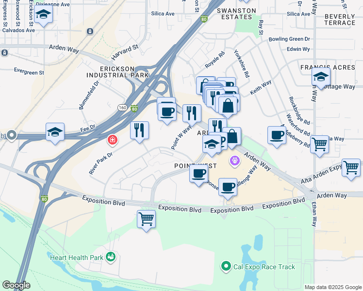 map of restaurants, bars, coffee shops, grocery stores, and more near 1901 Response Road in Sacramento