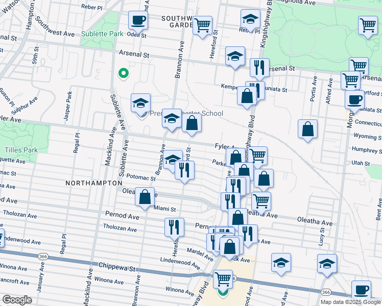 map of restaurants, bars, coffee shops, grocery stores, and more near 4987 Parker Avenue in St. Louis