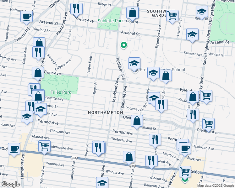map of restaurants, bars, coffee shops, grocery stores, and more near 3349 Macklind Avenue in St. Louis