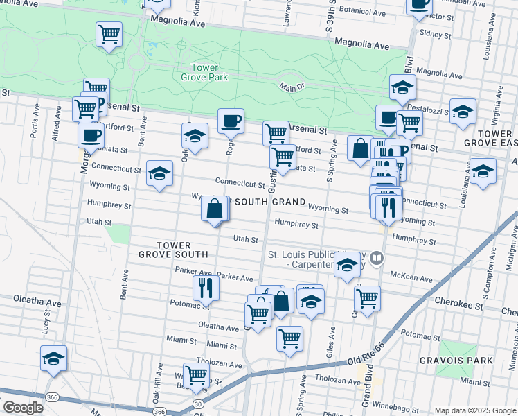 map of restaurants, bars, coffee shops, grocery stores, and more near 3914 Wyoming Street in St. Louis