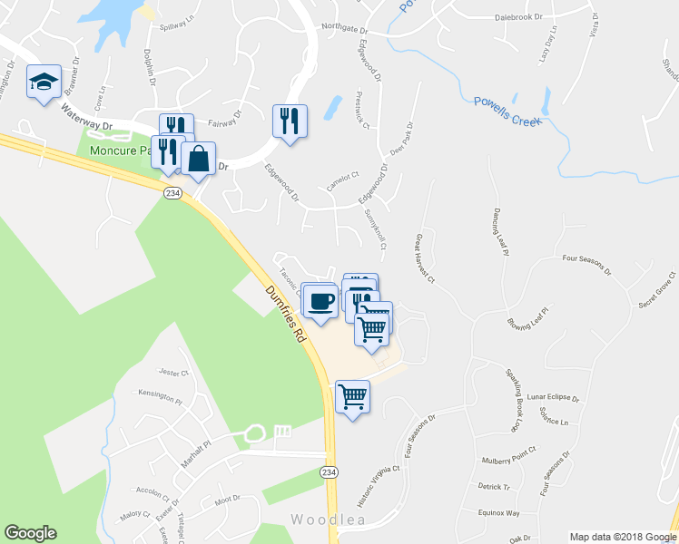 map of restaurants, bars, coffee shops, grocery stores, and more near 16102 Taconic Circle in Dumfries