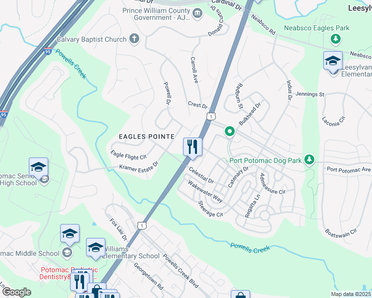 map of restaurants, bars, coffee shops, grocery stores, and more near 16241 Chase Eagle Lane in Woodbridge