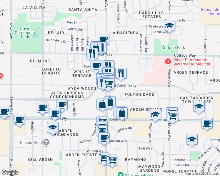 map of restaurants, bars, coffee shops, grocery stores, and more near 1870 Fulton Avenue in Sacramento