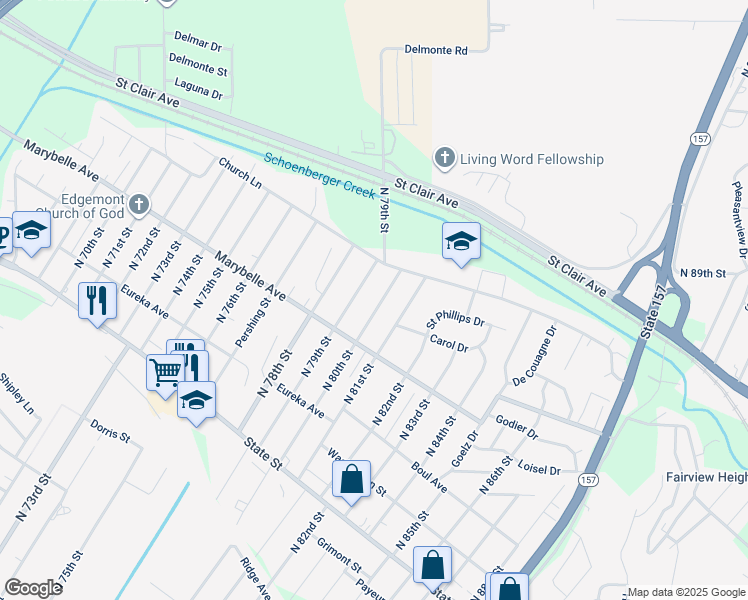 map of restaurants, bars, coffee shops, grocery stores, and more near 840 North 80th Street in East St. Louis