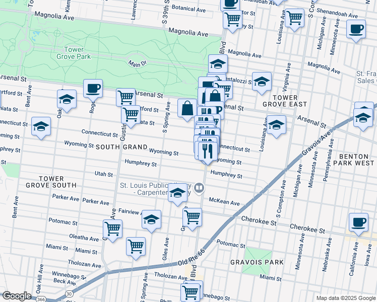 map of restaurants, bars, coffee shops, grocery stores, and more near 3645 Wyoming Street in St. Louis