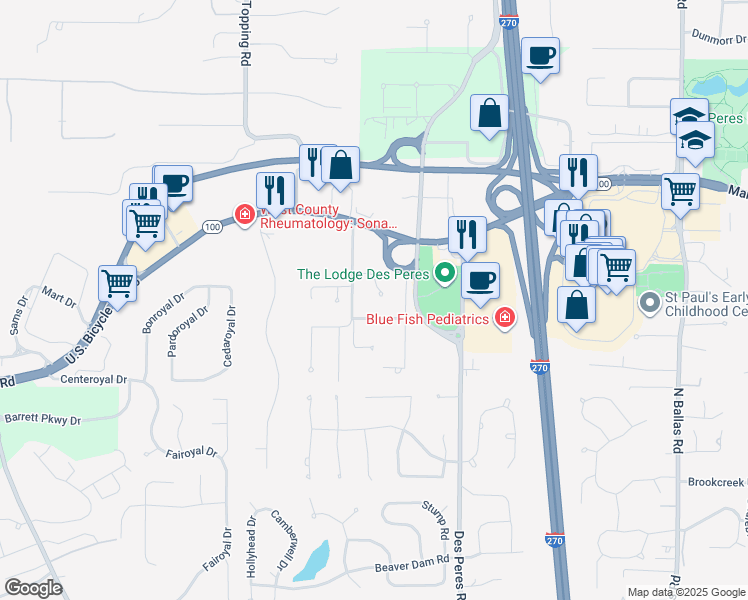 map of restaurants, bars, coffee shops, grocery stores, and more near 12800 Wood Valley Court in Des Peres