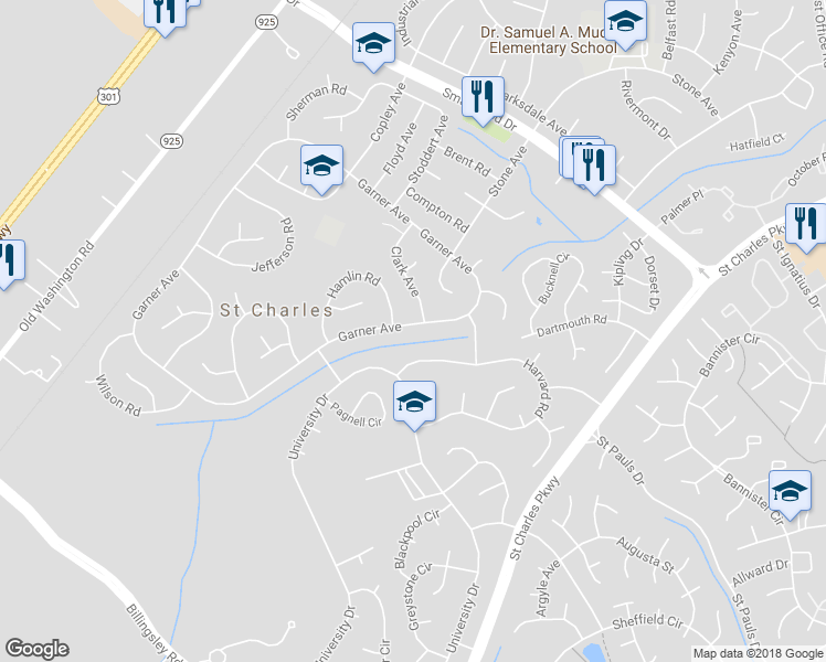 map of restaurants, bars, coffee shops, grocery stores, and more near 330 Garner Avenue in Waldorf