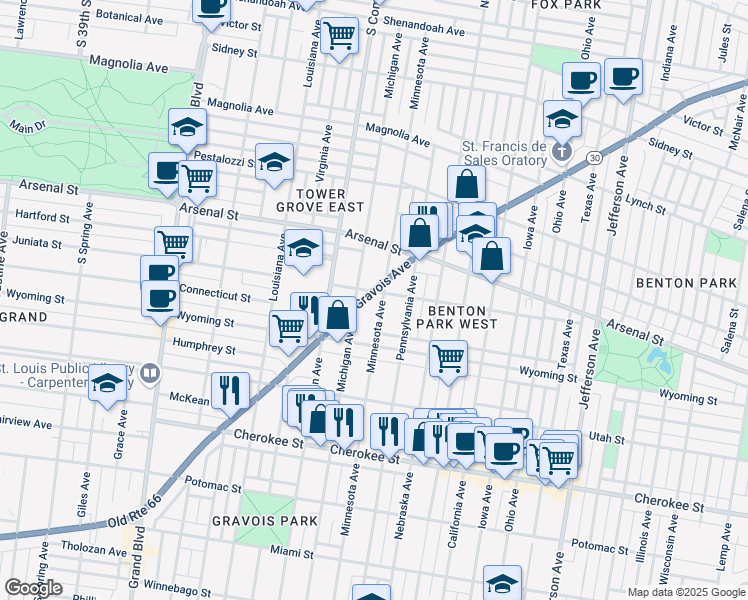 map of restaurants, bars, coffee shops, grocery stores, and more near 3100 Gravois Avenue in St. Louis