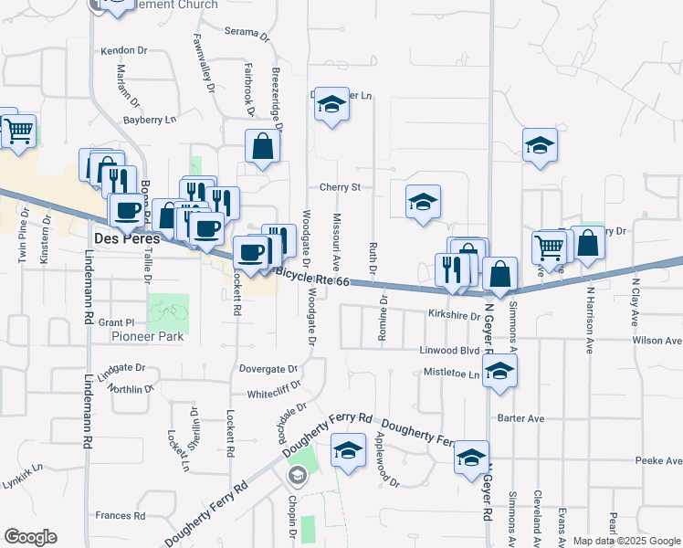 map of restaurants, bars, coffee shops, grocery stores, and more near 1104 Missouri Avenue in Kirkwood