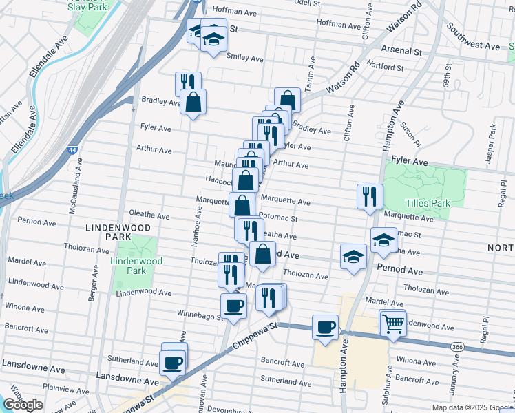 map of restaurants, bars, coffee shops, grocery stores, and more near 3458 Watson Road in St. Louis