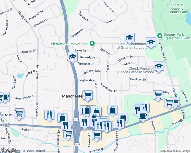 map of restaurants, bars, coffee shops, grocery stores, and more near 5 Great Knight Court in Ballwin