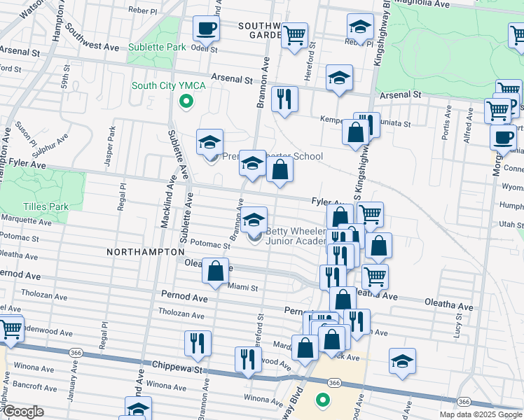 map of restaurants, bars, coffee shops, grocery stores, and more near 5021 Parker Avenue in St. Louis