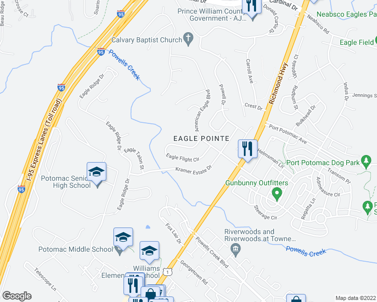 map of restaurants, bars, coffee shops, grocery stores, and more near 16221 Eagle Flight Circle in Woodbridge