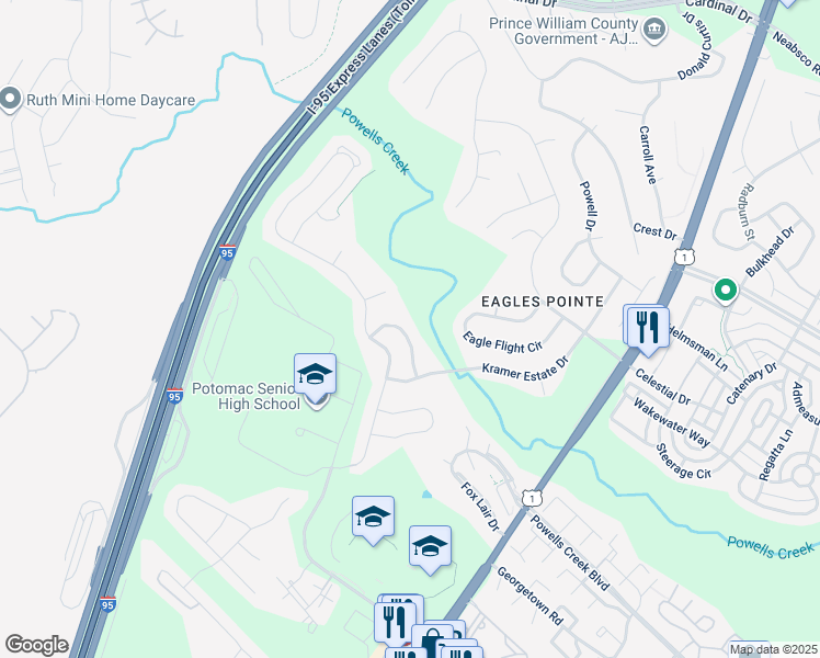 map of restaurants, bars, coffee shops, grocery stores, and more near 3142 Eagle Talon Street in Woodbridge