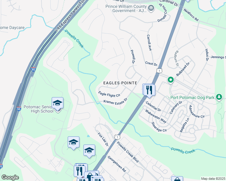 map of restaurants, bars, coffee shops, grocery stores, and more near 16221 Eagle Flight Circle in Woodbridge
