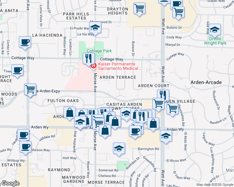 map of restaurants, bars, coffee shops, grocery stores, and more near 1901 Terrace Drive in Sacramento