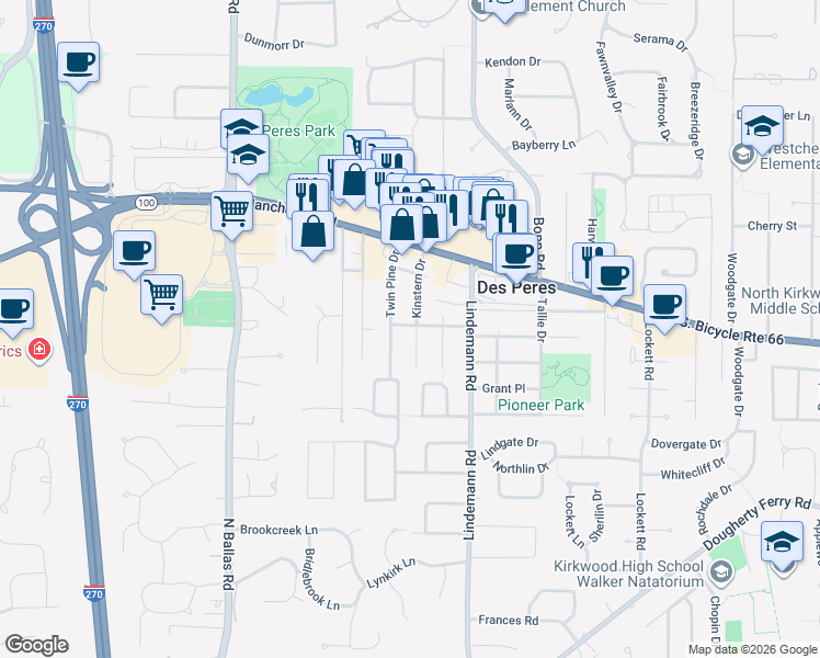 map of restaurants, bars, coffee shops, grocery stores, and more near 988 Kinstern Drive in Des Peres