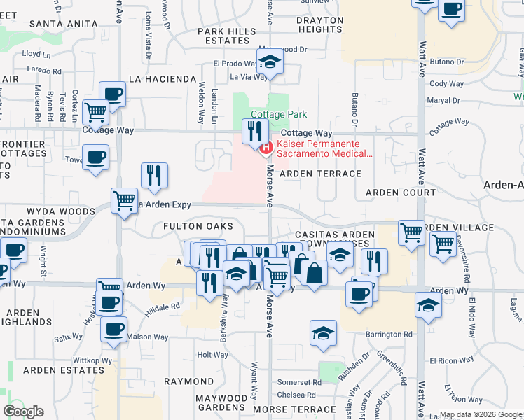 map of restaurants, bars, coffee shops, grocery stores, and more near 1845 Morse Avenue in Sacramento