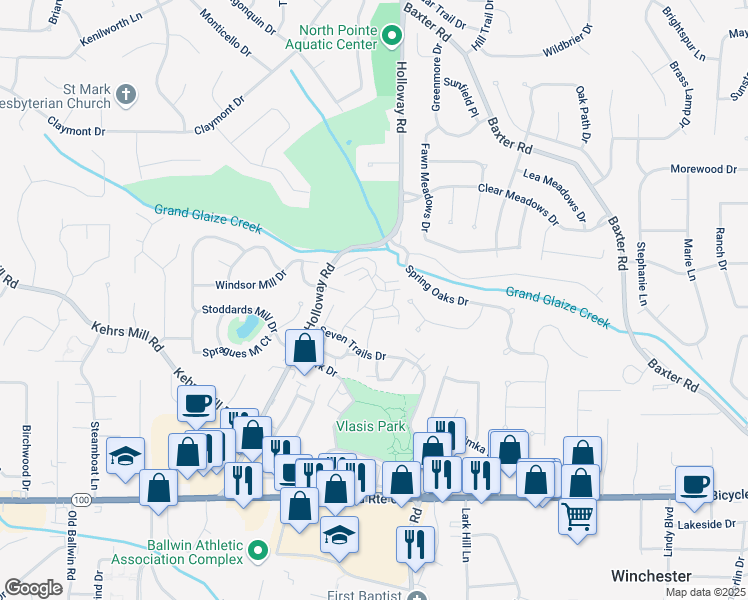 map of restaurants, bars, coffee shops, grocery stores, and more near 375 Greenyard Drive in Ballwin
