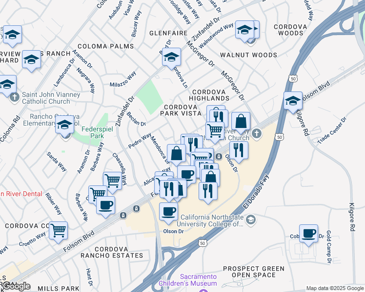 map of restaurants, bars, coffee shops, grocery stores, and more near 2751 Don Juan Drive in Rancho Cordova