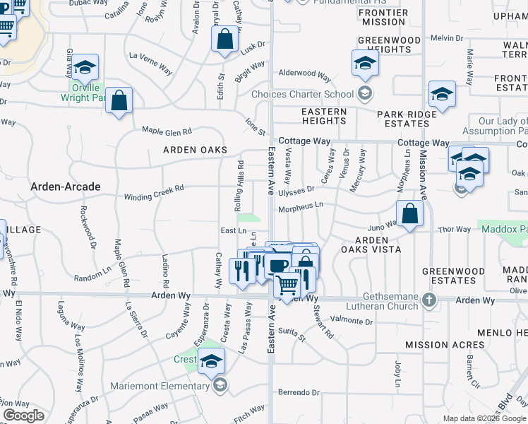 map of restaurants, bars, coffee shops, grocery stores, and more near 1861 Eastern Avenue in Sacramento